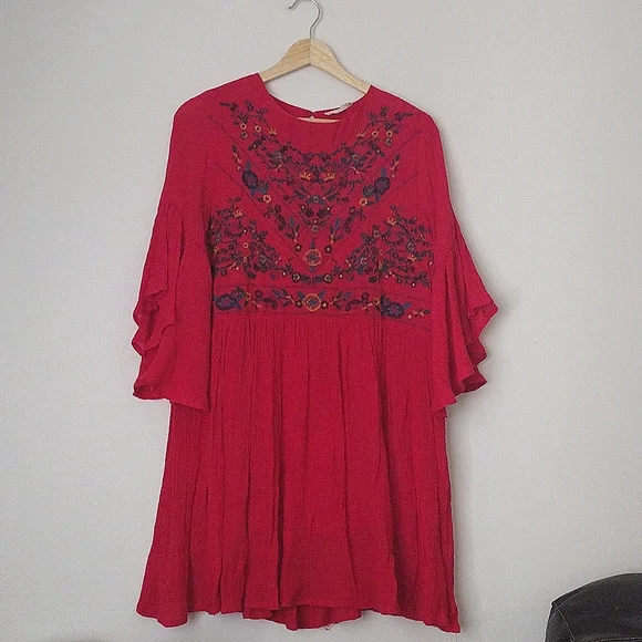 Altar'd State Embroidered Boho Dress in Red Bell Sleeve Flowy Bohemian - Picture 3 of 7
